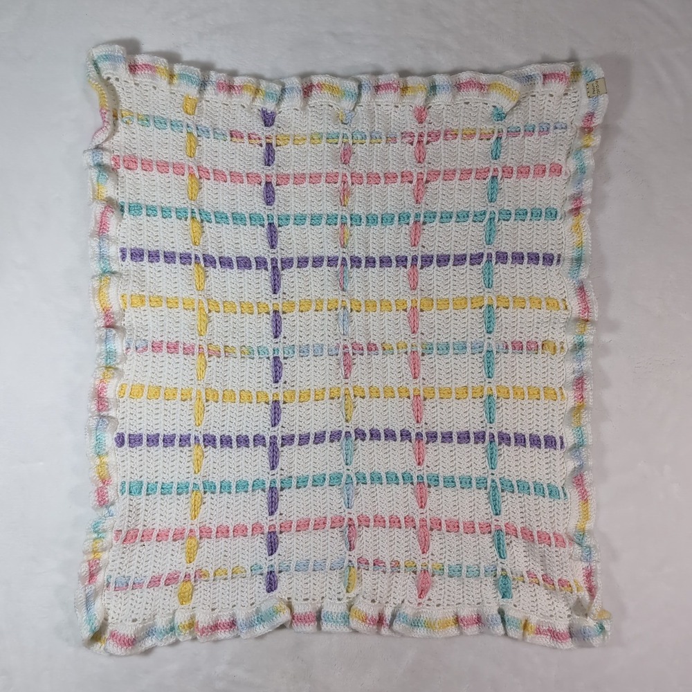 Handmade Crochet Baby Blanket White Pastel Plaid Ruffle Trim Religious Christian